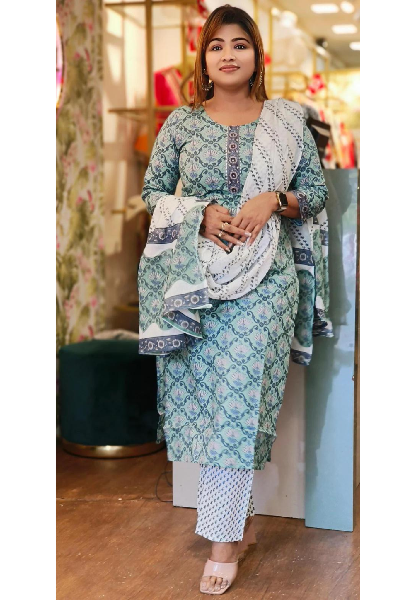 Cotton Printed Neck Full Suit with Cotton Dupatta