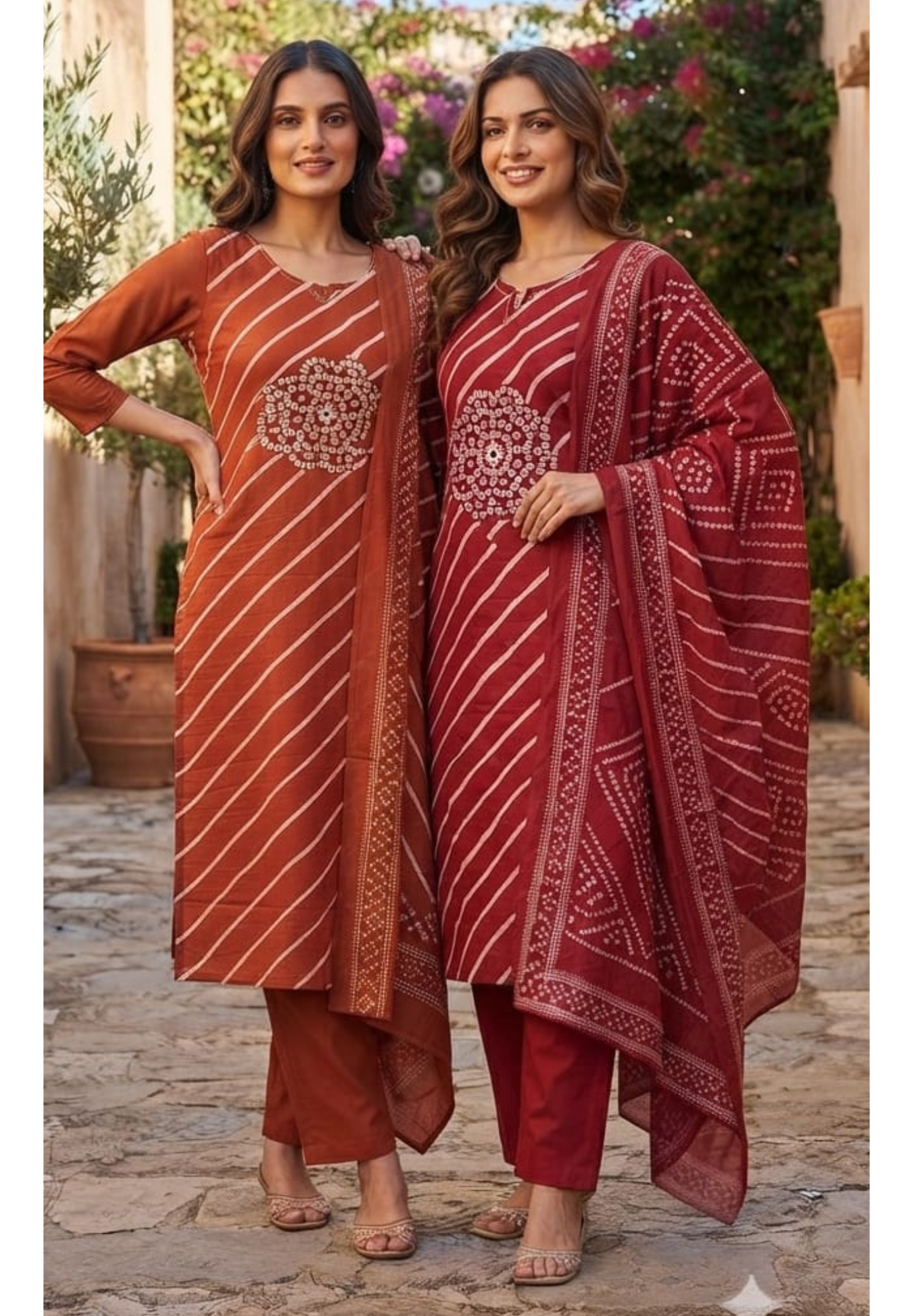 Minimal Neckline Lehriya With Front Yoke Print Cotton Full Suit Set With Dupatta- 15668