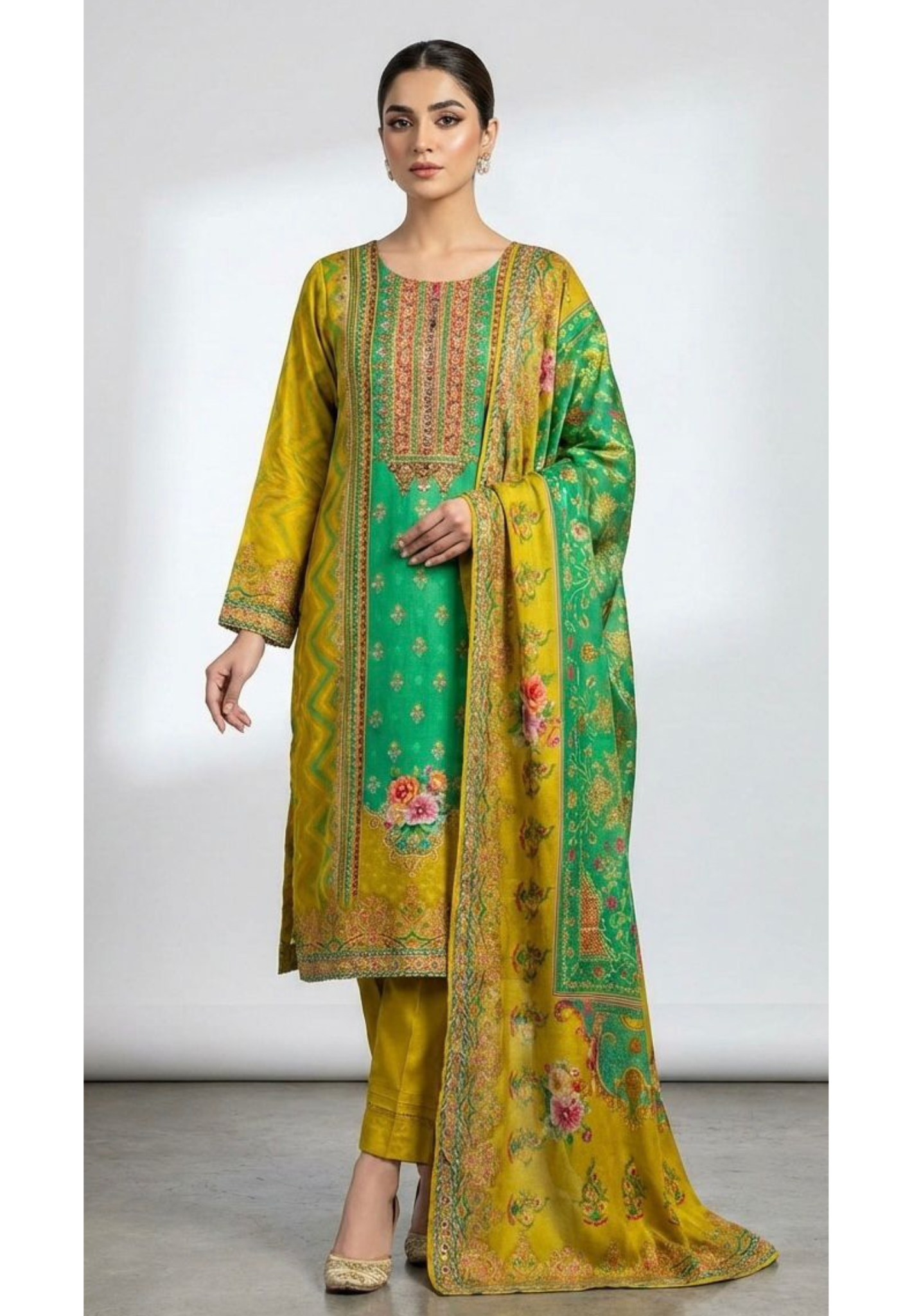 Olive Statement Weavy Print Embroidered Yoke Vibrant Full Suit Set With Dupatta In Crepe Fabric- 13501
