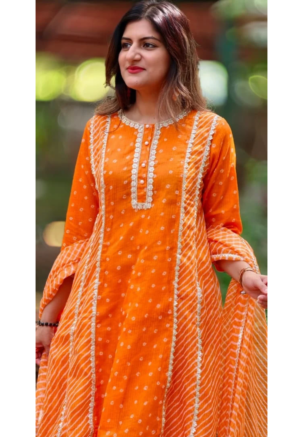 Kota Doria Vibrant Orange Bandhej Print Golden Lace Trimmed Highlights A-Line Full Suit Set With Dupatta- 16951