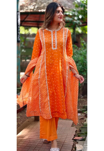 Kota Doria Vibrant Orange Bandhej Print Golden Lace Trimmed Highlights A-Line Full Suit Set With Dupatta- 16951