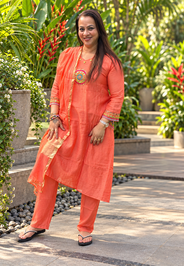 Peach Mul Chanderi Silk Full Suit Set with Embroidered Neckline & Dupatta 16943