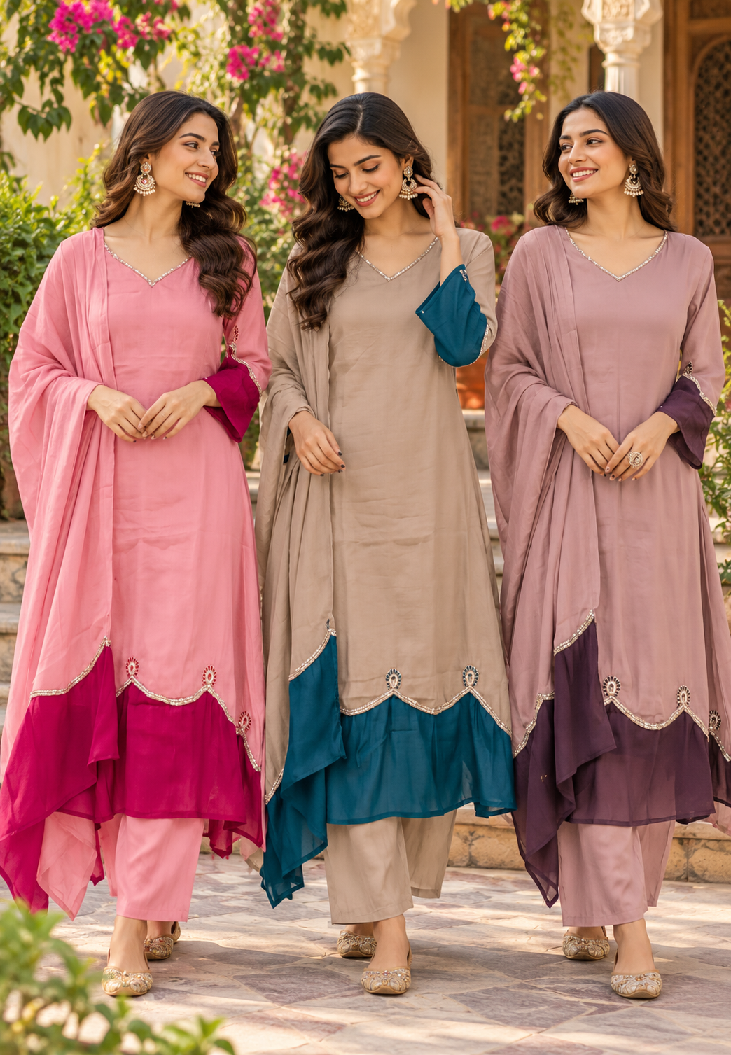 Surat Mulchanderi Solid Shade  Contrast embroidered Patch Work Aline Full Suit Set 16772