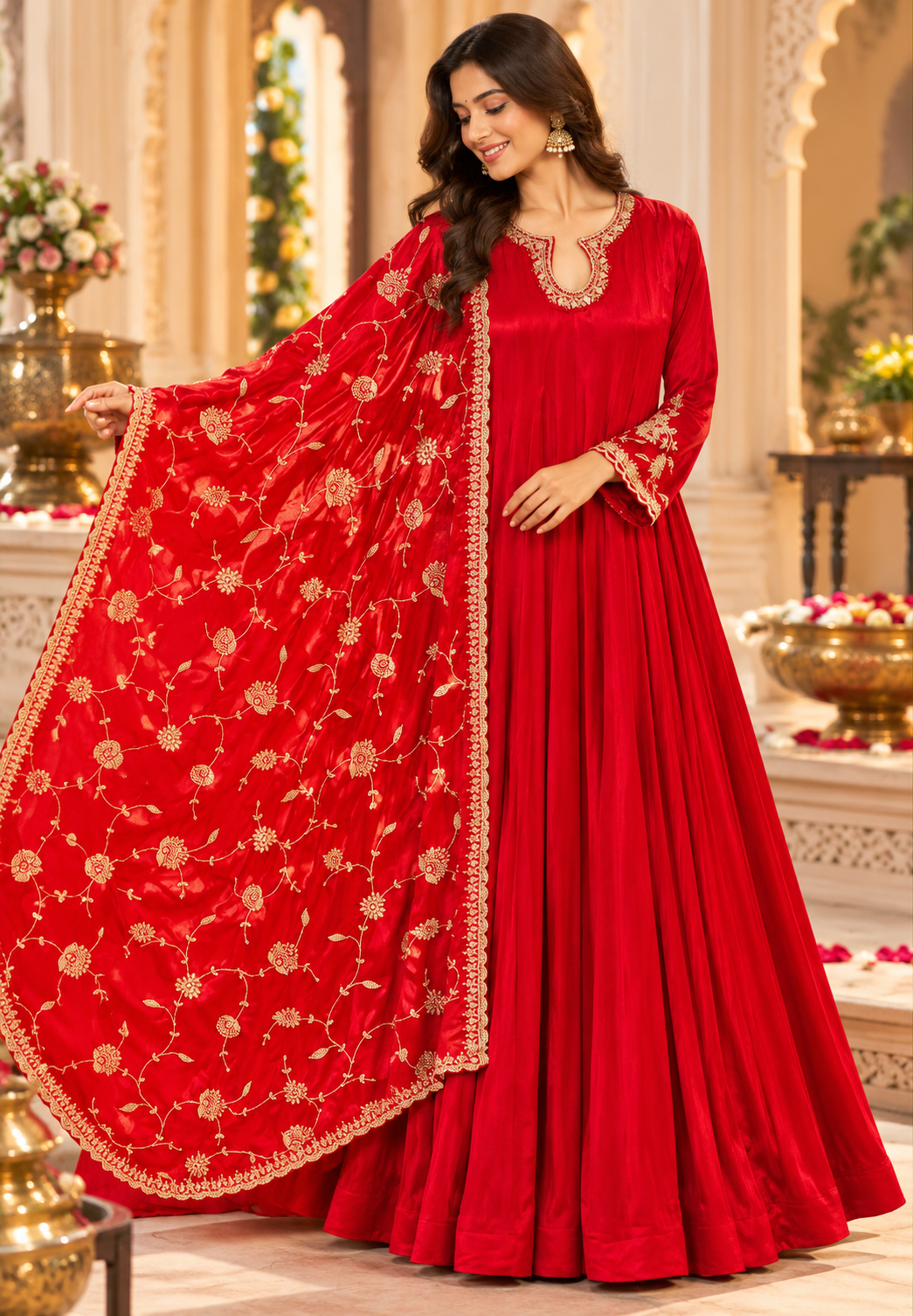 Chinon Anarkali Suit Floor Length with Heavy Golden Embroidered Dupatta, Intricate cutdana Work on Neck 16917