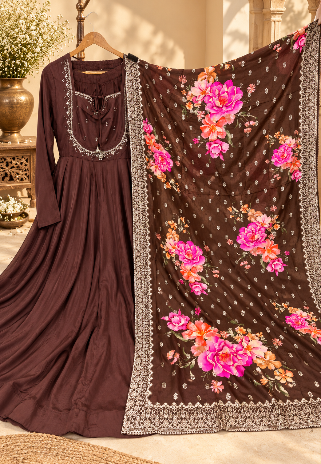 Chinon Fabric Kali Cut Anarkali Full Suit Set with Embroidered Yoke Flora Banarasi Dupatta & Bottom- 16766