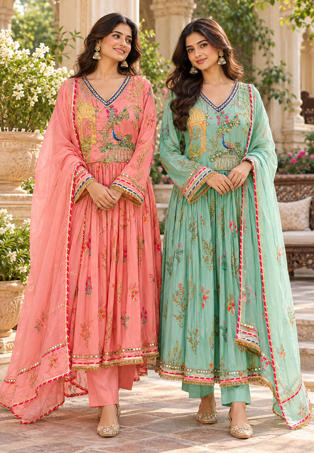 Embroidered Crepe Anarkali Full Suit Set With Dupatta Featuring Floral With Figure Motifs- 16831