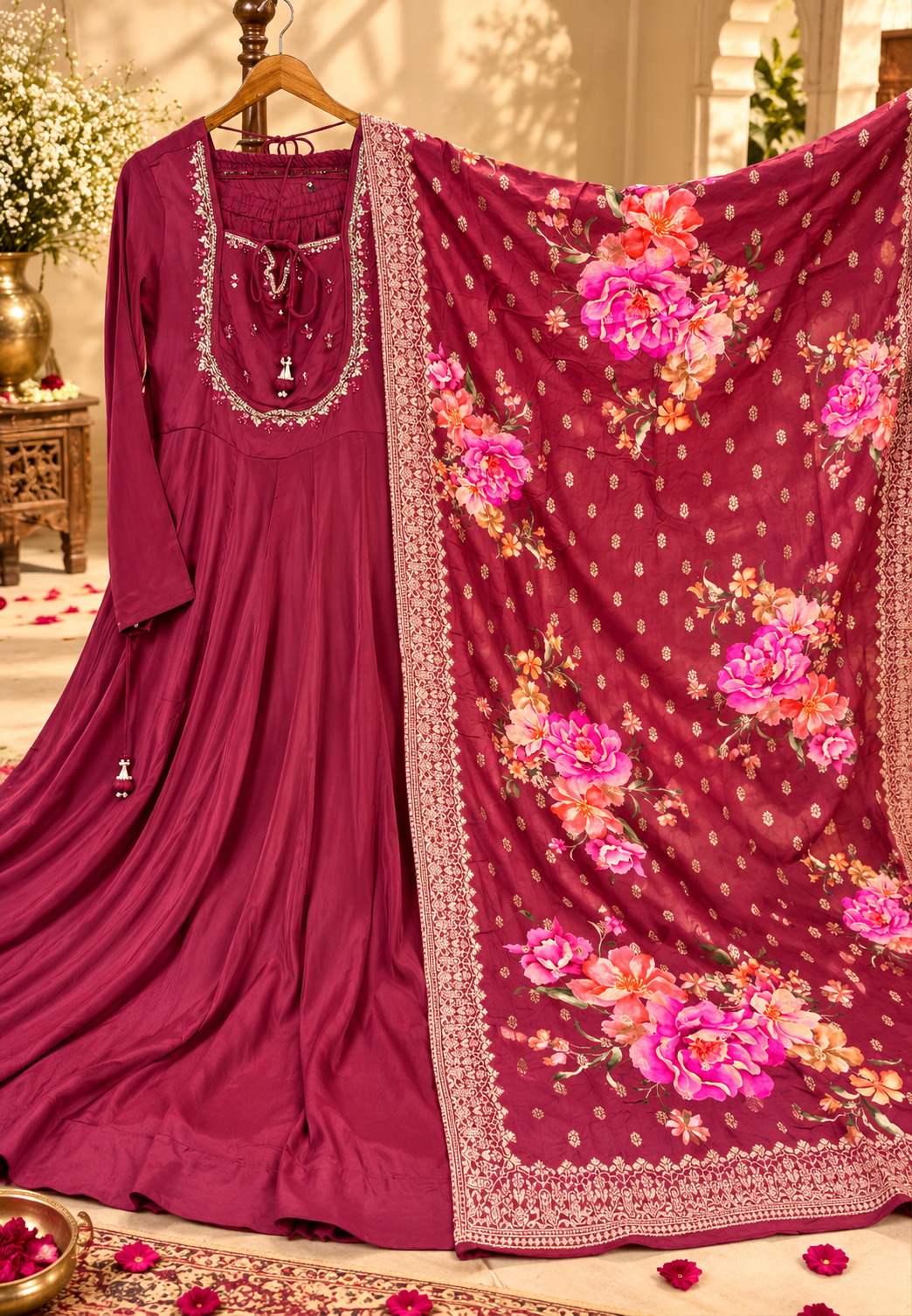 Chinon Fabric Kali Cut Anarkali Full Suit Set with Embroidered Yoke Flora Banarasi Dupatta & Bottom- 16766