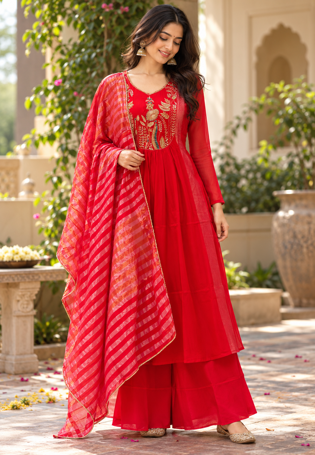 Banarasi Style Aline Tissue Pannel  Embroidered Yoke Party Anarkali Full Suit Set With Dupatta- 16664