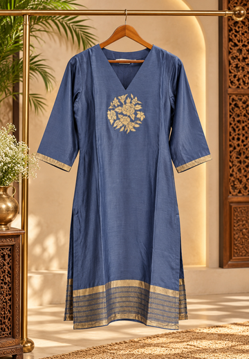 Pure Banarasi Raw Silk Blue Elegance Golden Motifs Premium Kurti Only- 17083