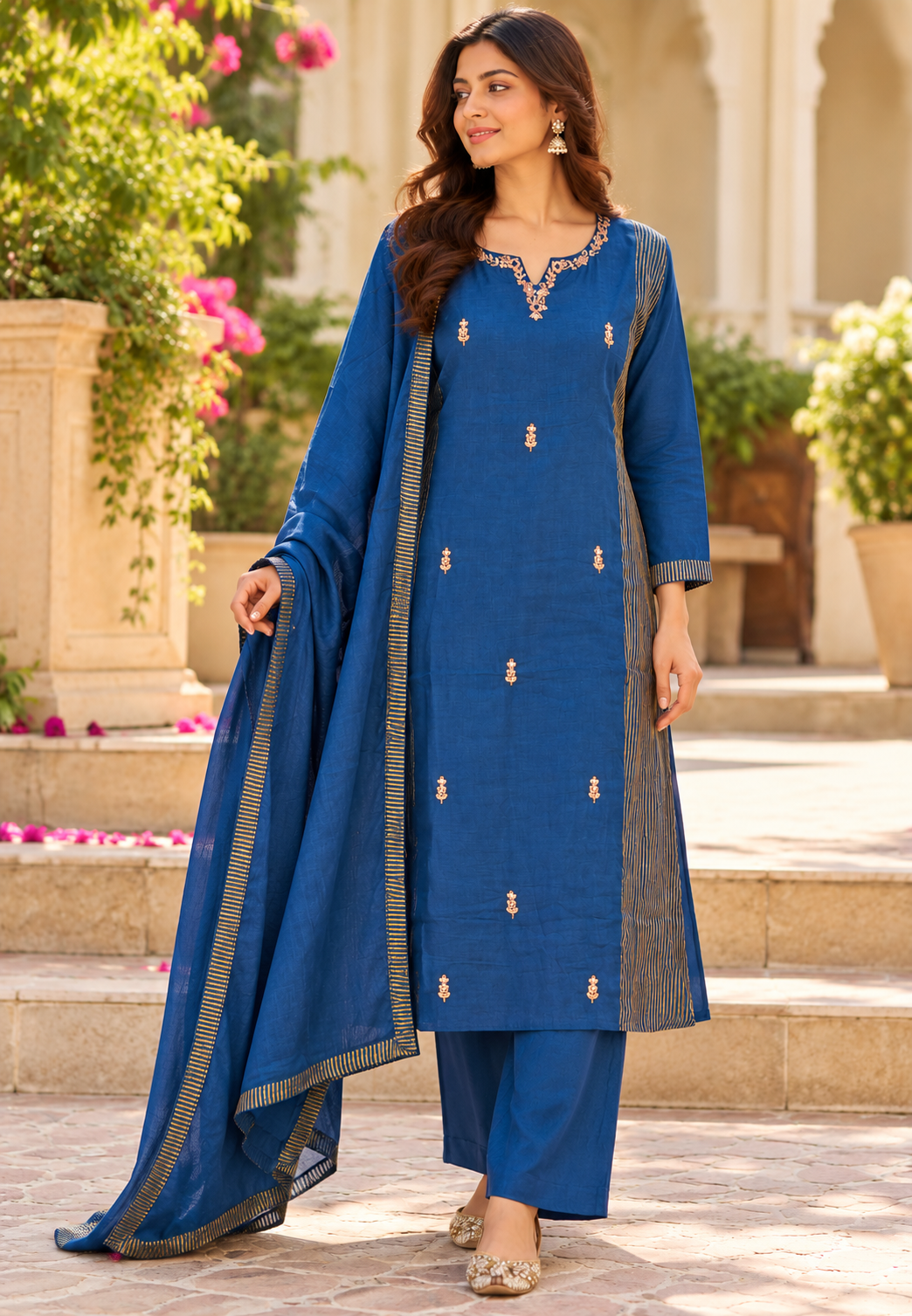 Intricate Beaded Embroidery Striped Side Panels A-Line Mul-Chanderi Full Suit Set With Dupatta- 16265