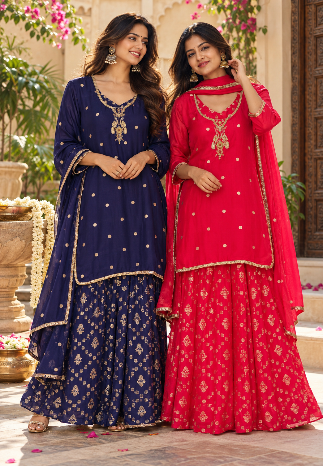 Elegant Vibrant Padded Bustier Top with Embroidered Short Kurti and  Brocade Banarasi Skirt with Dupatta Set-16591