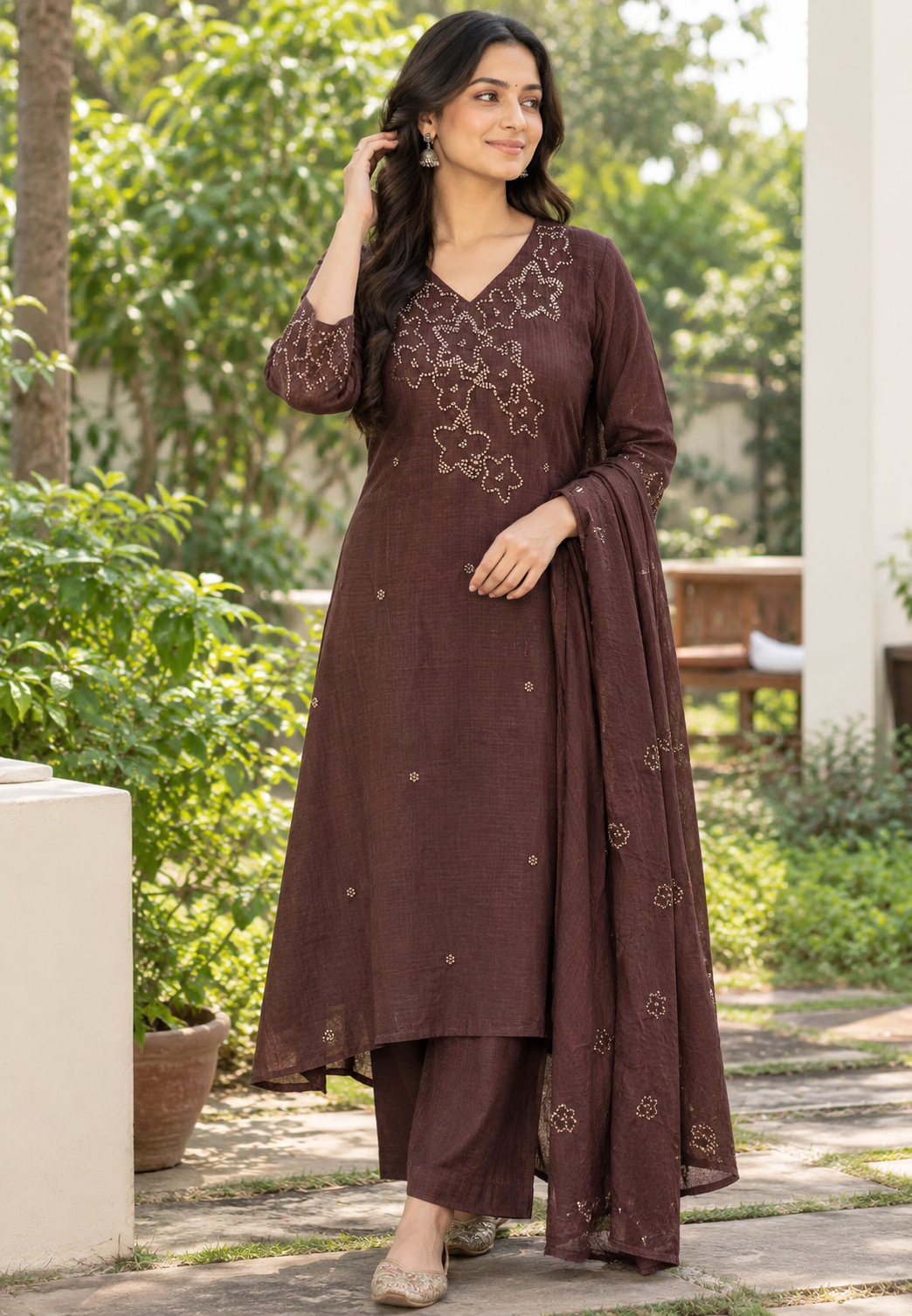 Katha Stitch Embroidered Star Accent Premium Cotton A-Line Full Suit Set With Matching Dupatta- 17014