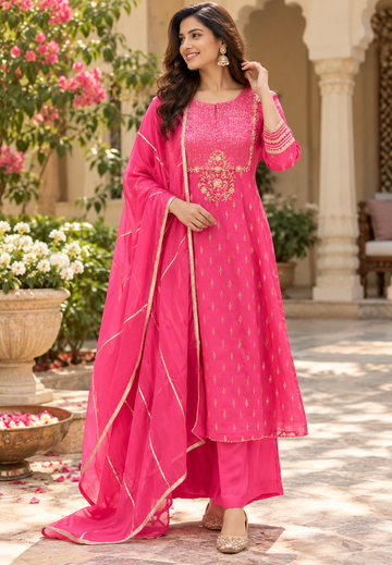 Elegant Golden Intricate Embroidered Blush Pink Kota Doria Full Suit Set With Dupatta- 17078