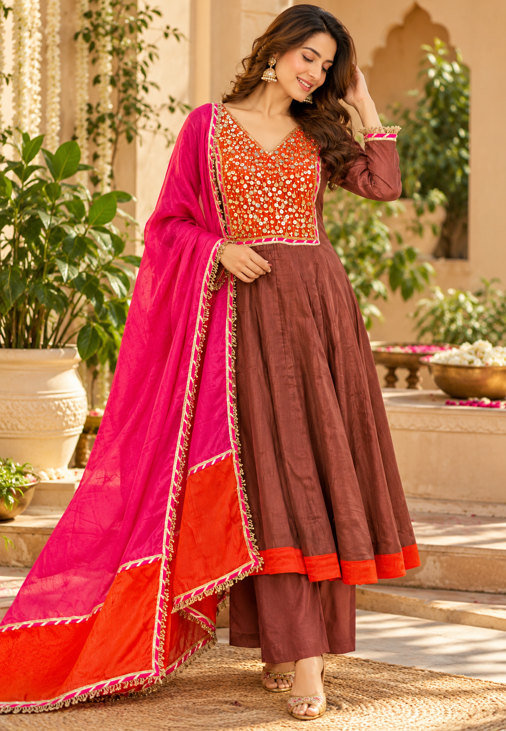 Heavy Golden Sequin Touch Boxed Yoke Mul-Chanderi Anarkali Full Suit Set With Dupatta- 16810