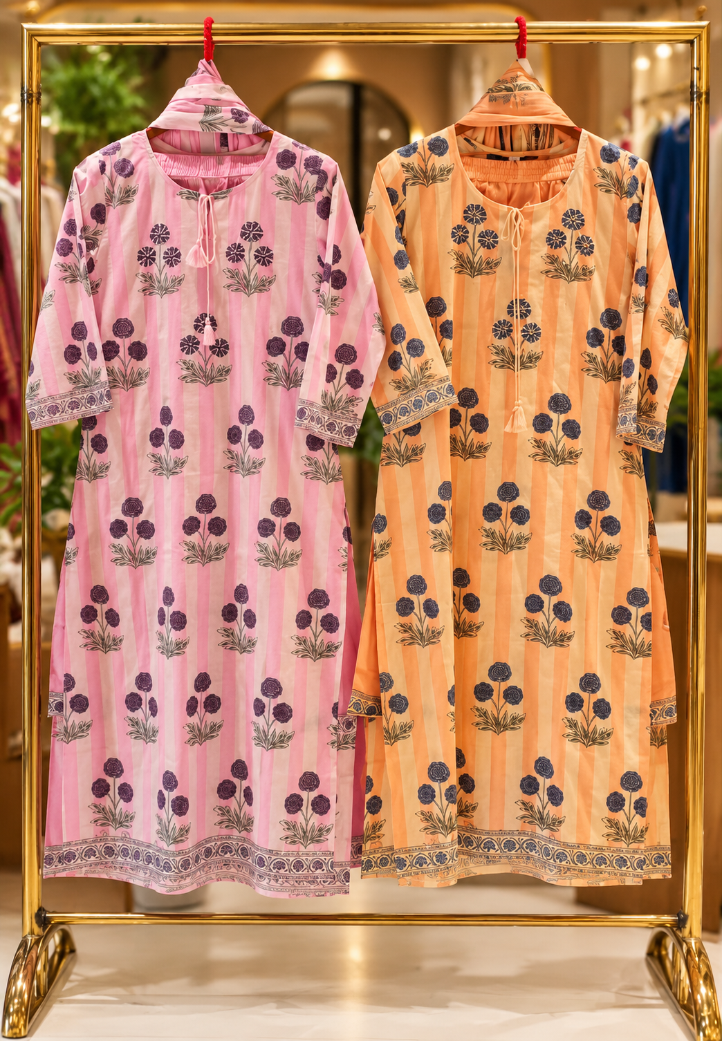 Striped Pure Cotton Floral Print Full Suit Set Set with Matching Dupatta- 16798