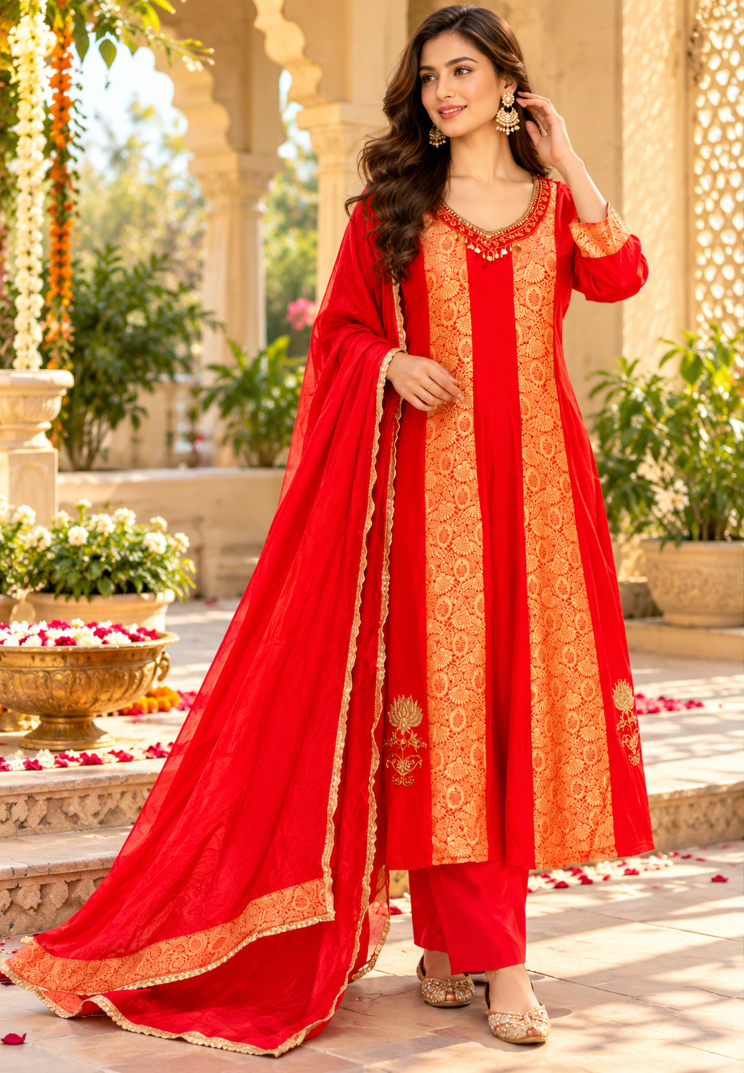 Russian Silk Brocade Panel Aline Elegant Full Suit Set- 16776
