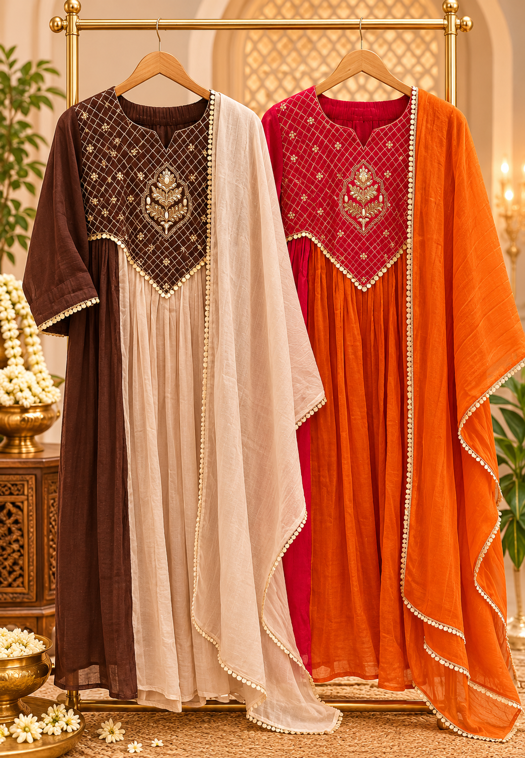 Surat Mulchanderi Embroidered A-Line  Full suit Thread Work, Elegant Pom-Pom Border Detailing and Matching Flowing Dupatta 16860