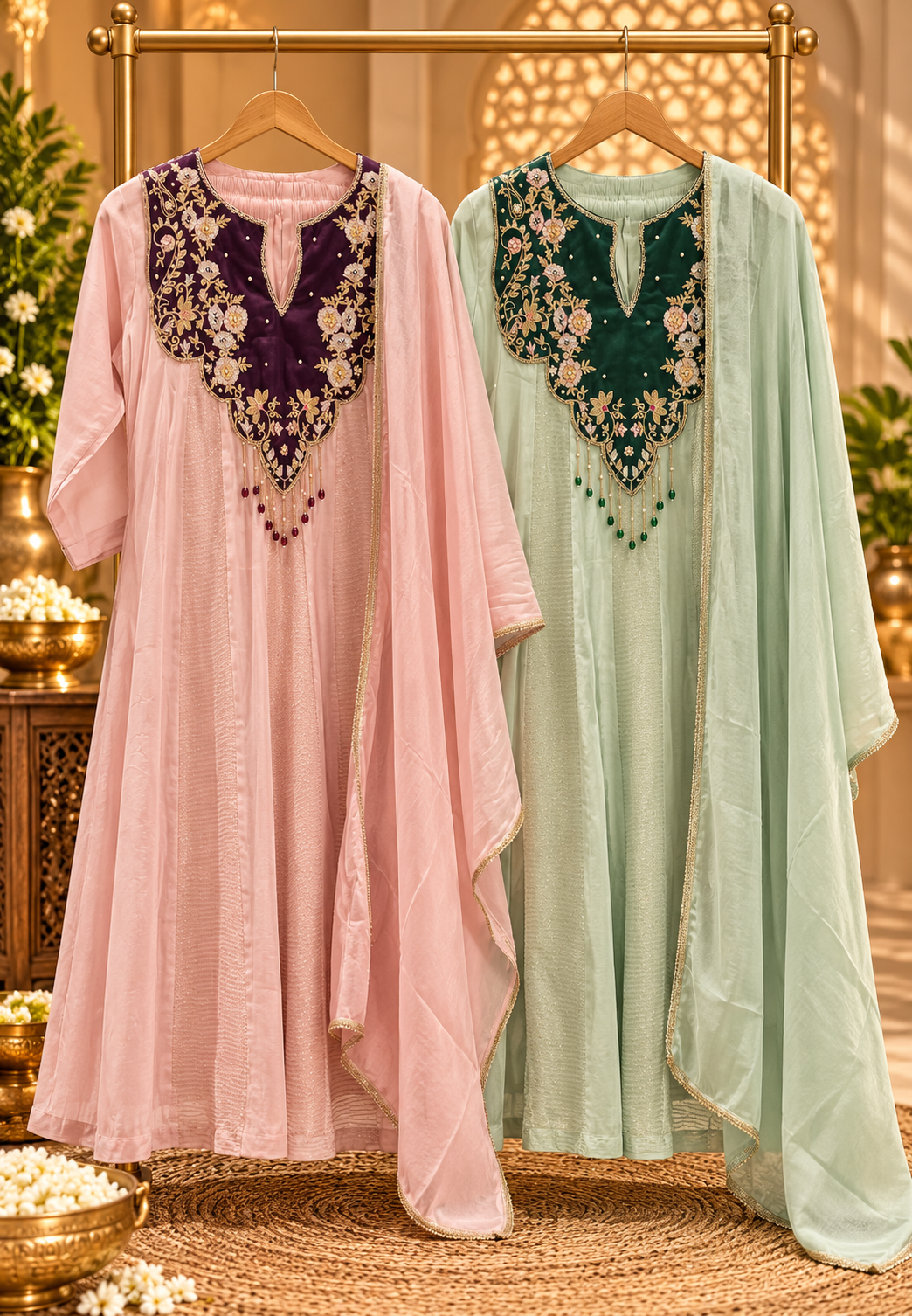 Mulchanderi A-Line Suit with Intricate Floral Embroidery Decorative Tassel Detailing Full Suit 16859