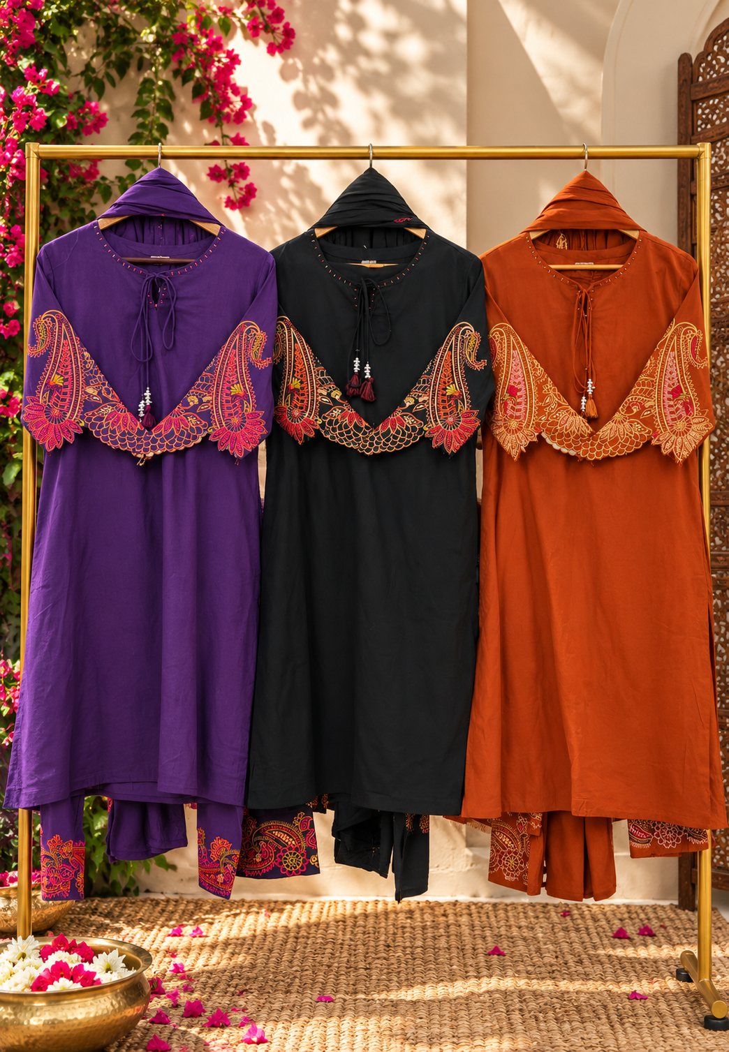 Intricate Multicolour Paisley Scalloped Floral Embroidery Tassel-Tie Neckline Cotton Full Suit Set With Dupatta- 16981