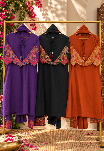 Intricate Multicolour Paisley Scalloped Floral Embroidery Tassel-Tie Neckline Cotton Full Suit Set With Dupatta- 16981
