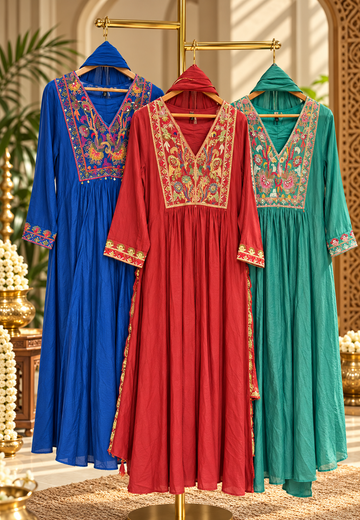 Rich Ethnic Heavy Yoke Thread & Sequin Embroidered Mul-Chanderi A-Line Full Suit Set With Dupatta- 17073