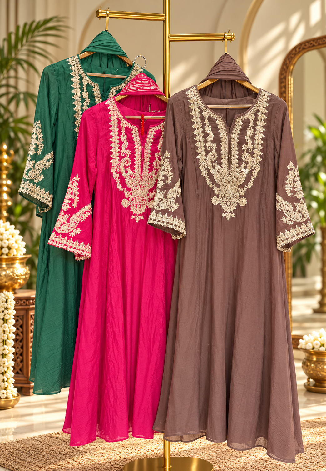 Classic Floral Zari Thread Embroidered Front Designed Side Panels Banarasi Mul-Chanderi A-Line Full Suit Set With Dupatta- 17074