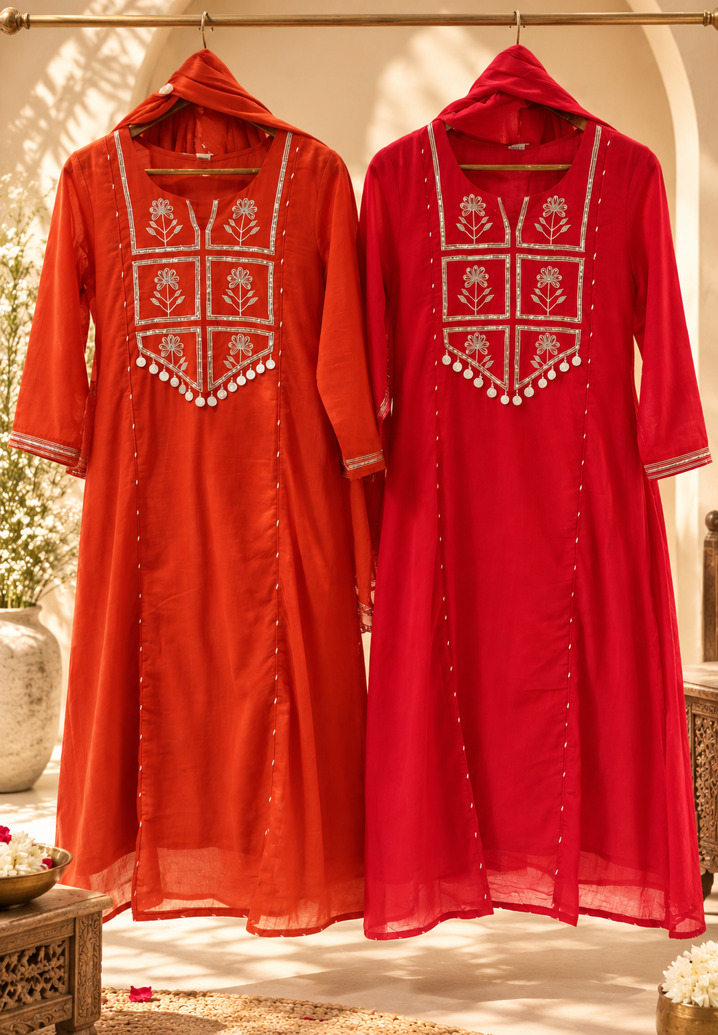 Sequence Block Floral Embroidery With Coin Tassels Yoke Mul Cotton Full Suit Set With Dupatta-  16817