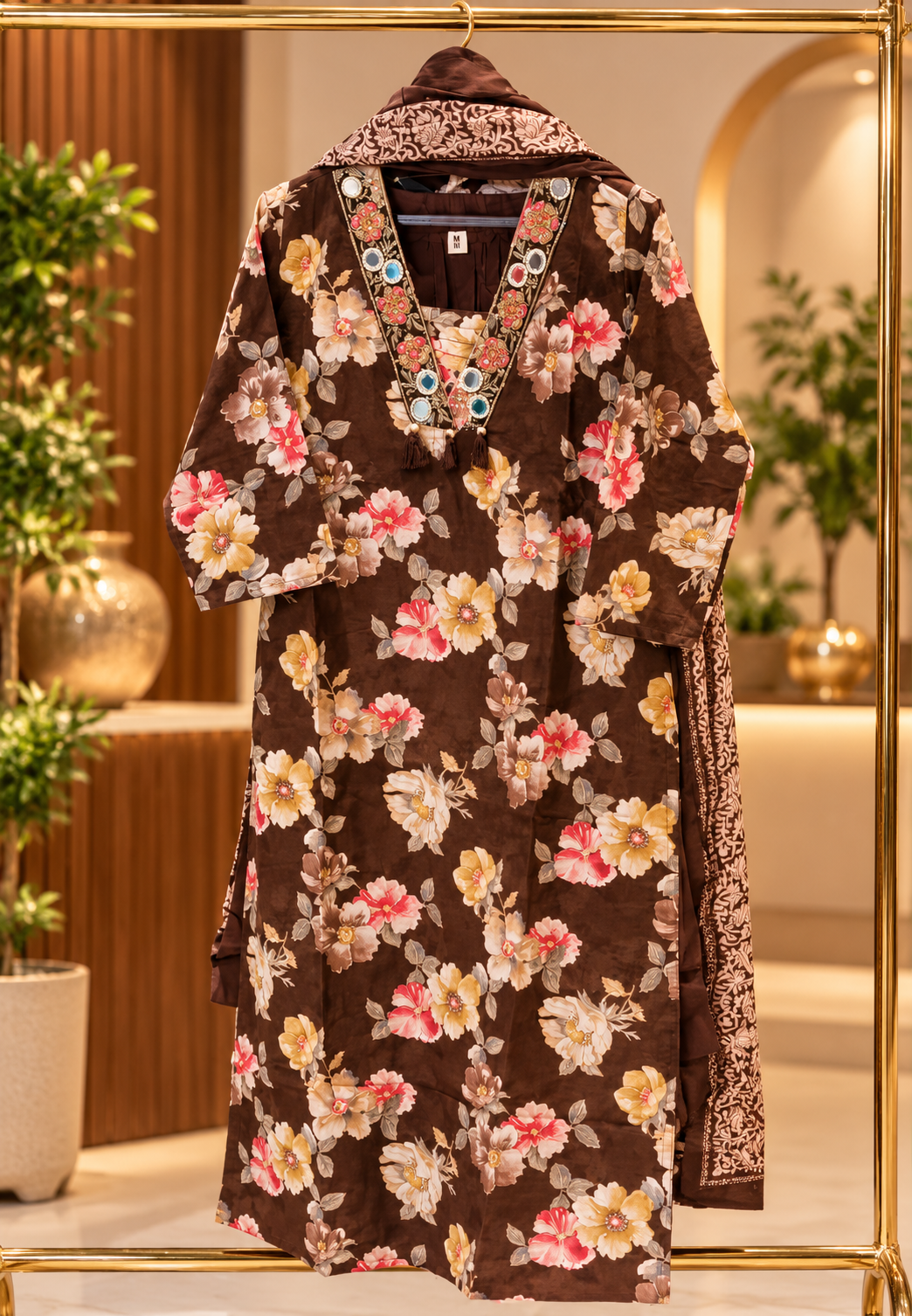 Chocolate Brown Cotton Floral Print Full Suit Set with Embellished V-Neck & Tassel Detailing- 16790
