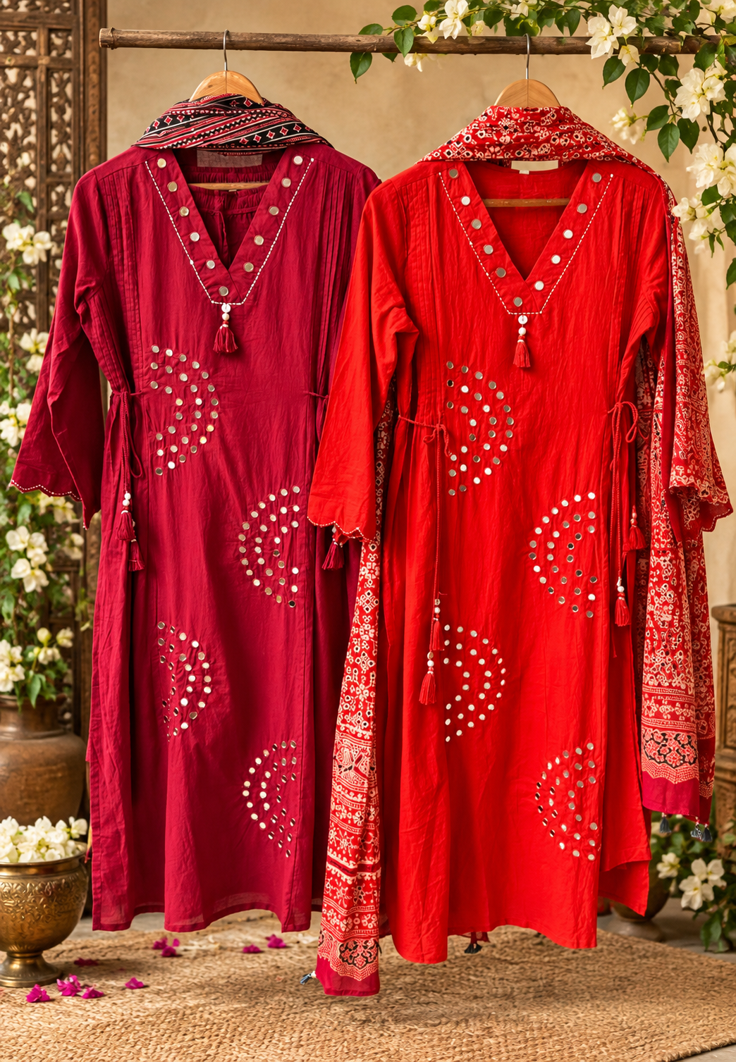 Real Mirror Rounded Embroidery Upwork Cotton A-Line Full Suit Set With Dupatta- 15784