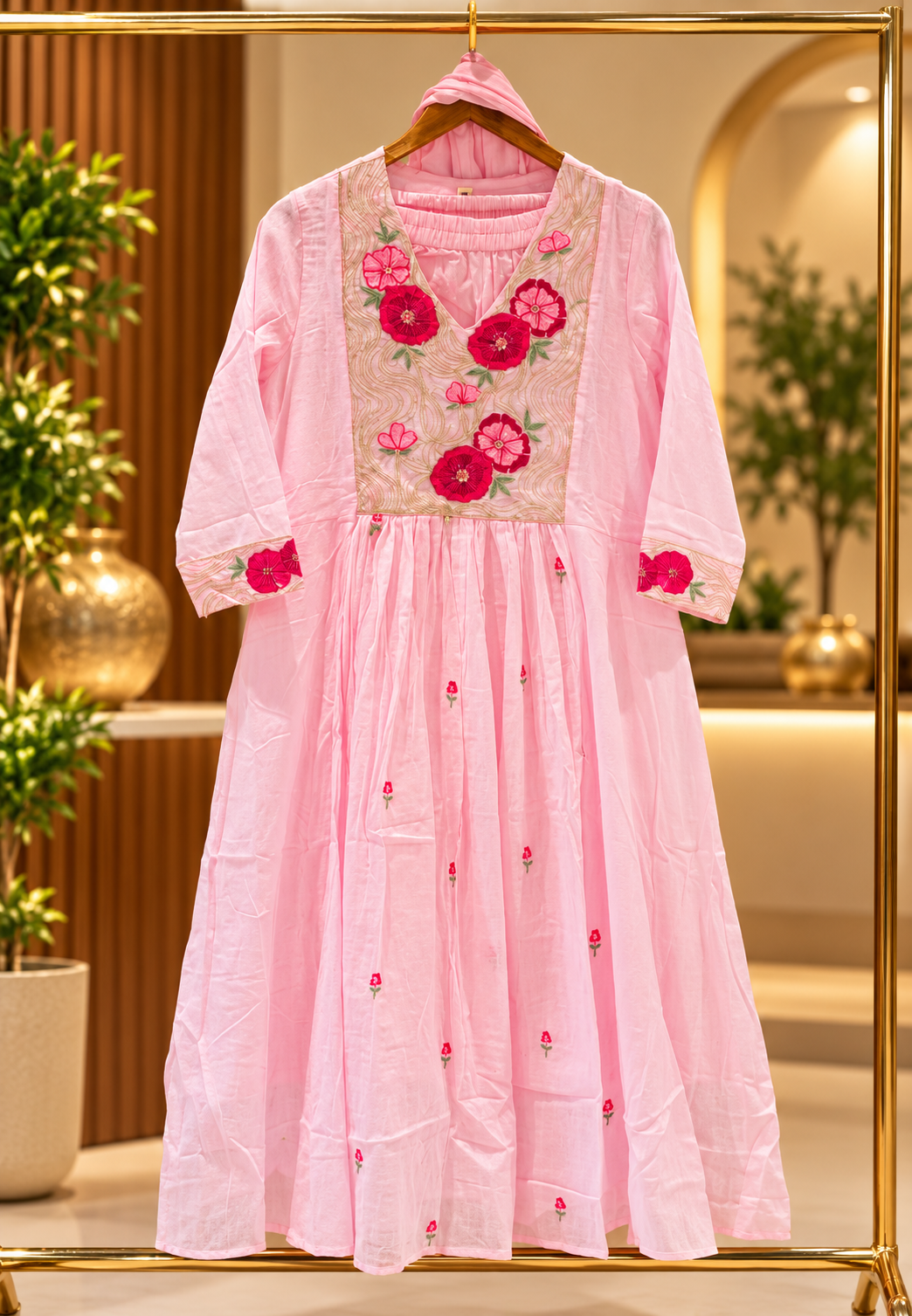 Aline Baby Pink Mul Cotton Floral Embroidered Yoke Full Suit Set With Dupatta- 16796