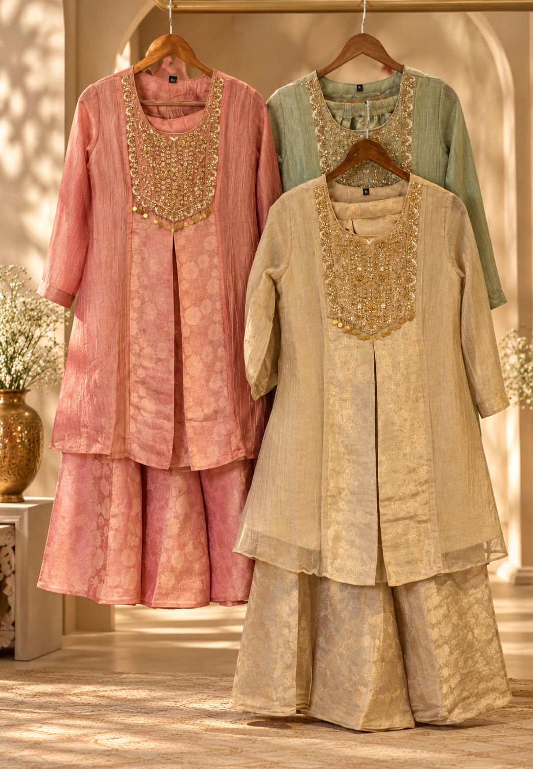 Elegant Zardosi Yoke Part Embridery Front Slitted Tissue With Brocade Touch Kurta & Palazzo Bottom Set- 16885