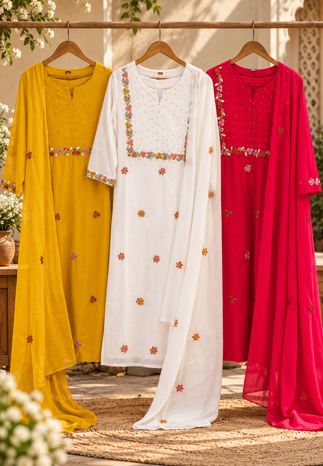 Fine Floral Embroidery Outlines Soft Cotton Matching Full Suit Set With Dupatta- 16980