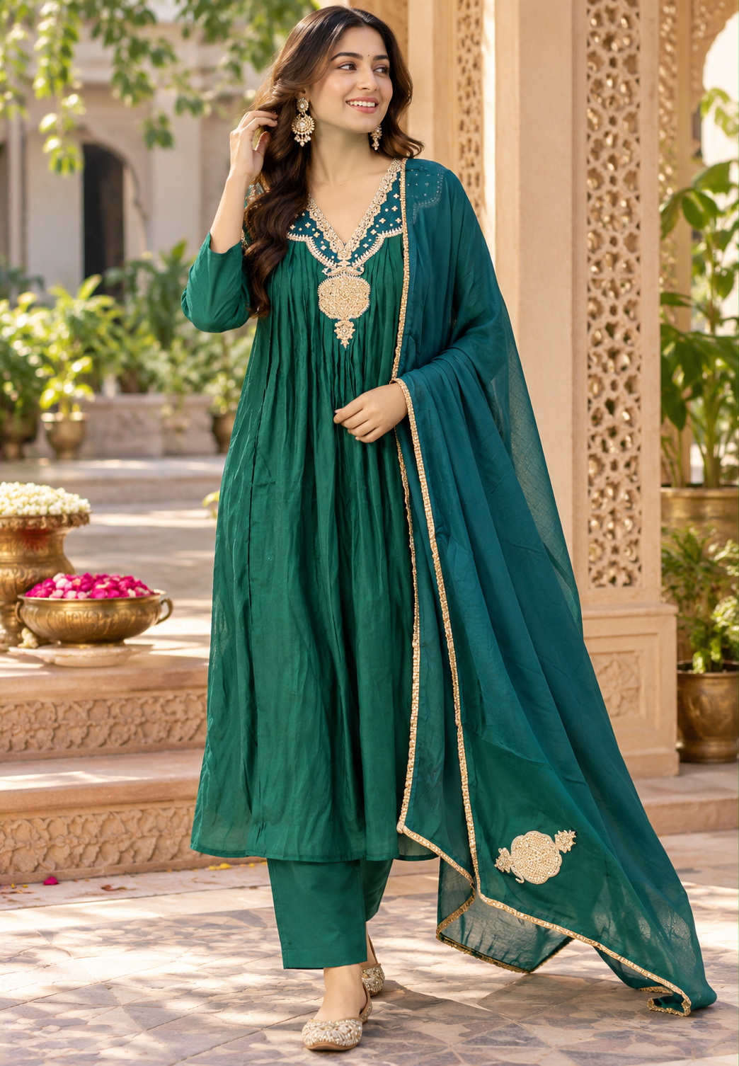 Emerald Green Pure Mul-Chanderi A-line Full Suit Set With Designer Yoke, Scalloped Neckline and Statement Sleeve Detailing- 16719