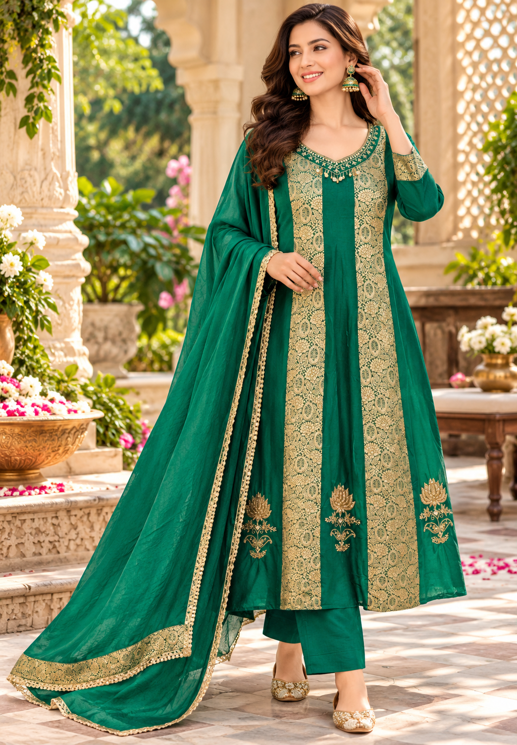 Russian Silk Brocade Panel Aline Elegant Full Suit Set- 16776