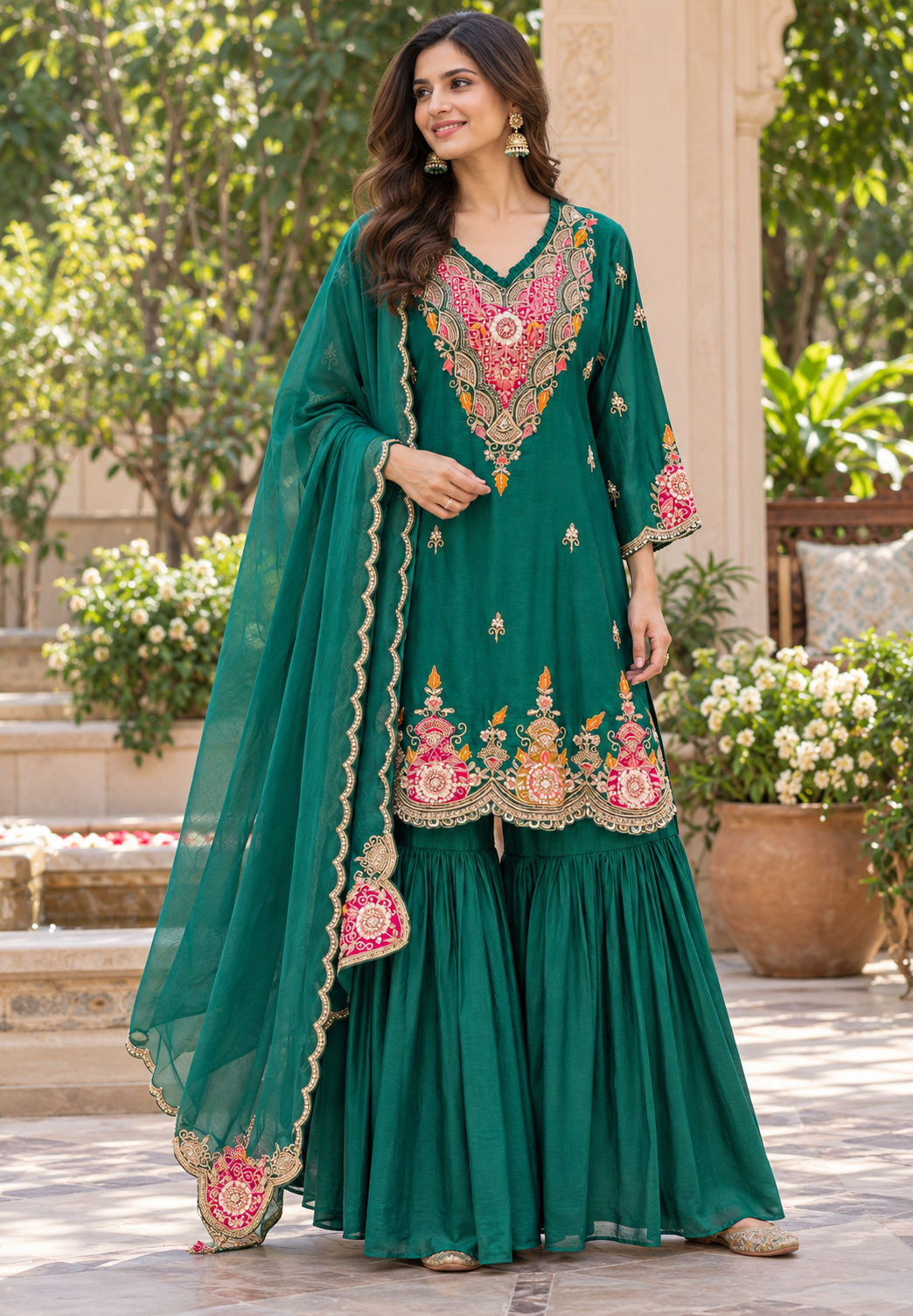 Banjara Bliss Complete Zardosi Work Peplum Kurta With Solid Sharara Bottom & Bordered Dupatta- 14024