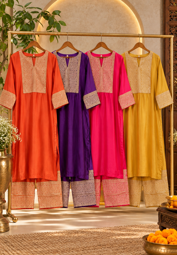 Elaborate Antique Gold Geometric Brocade Yoke, Pure Raw Silk Kurta With Matching Banarasi Touch Bottom- 17049