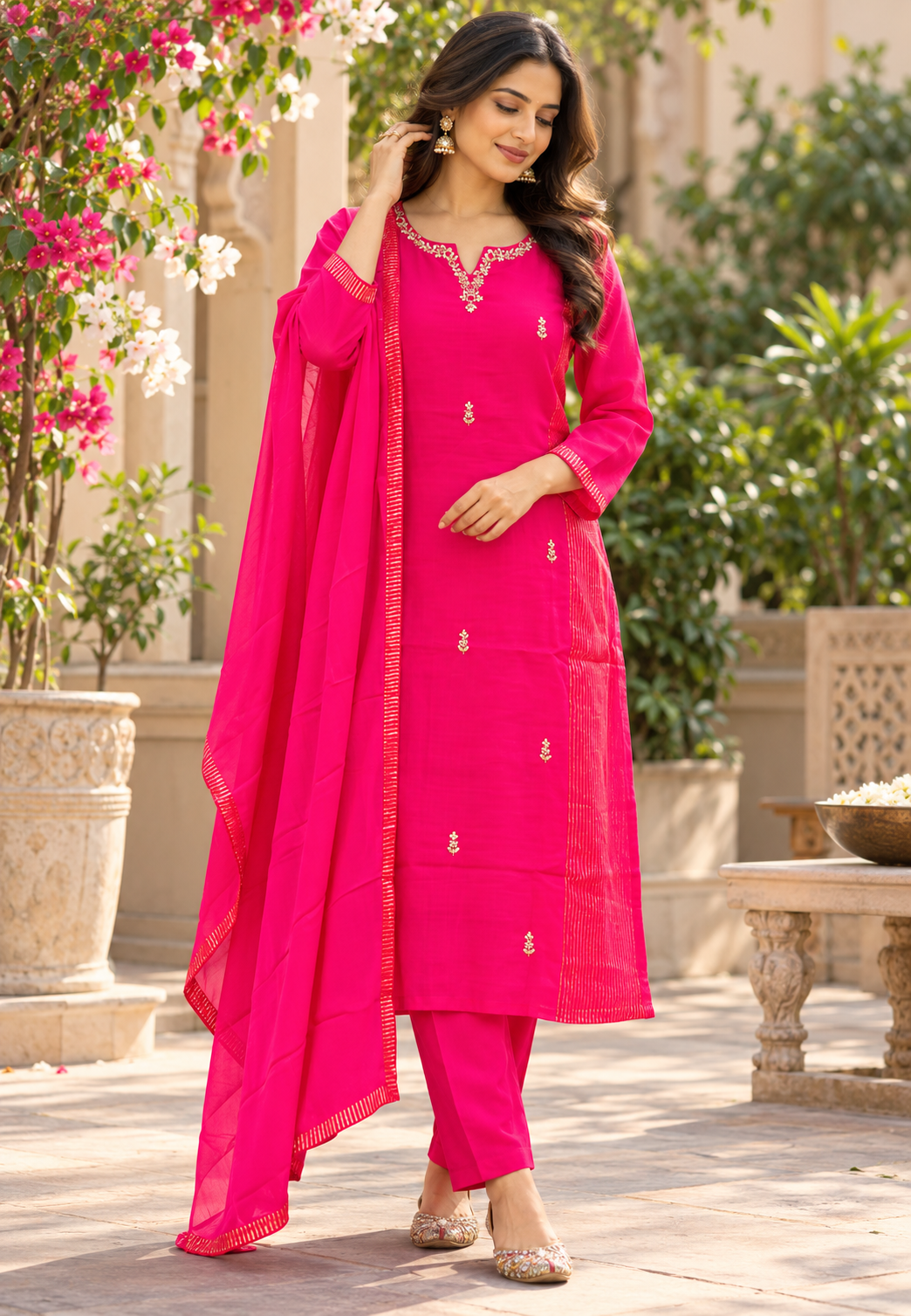 Intricate Beaded Embroidery Striped Side Panels A-Line Mul-Chanderi Full Suit Set With Dupatta- 16265