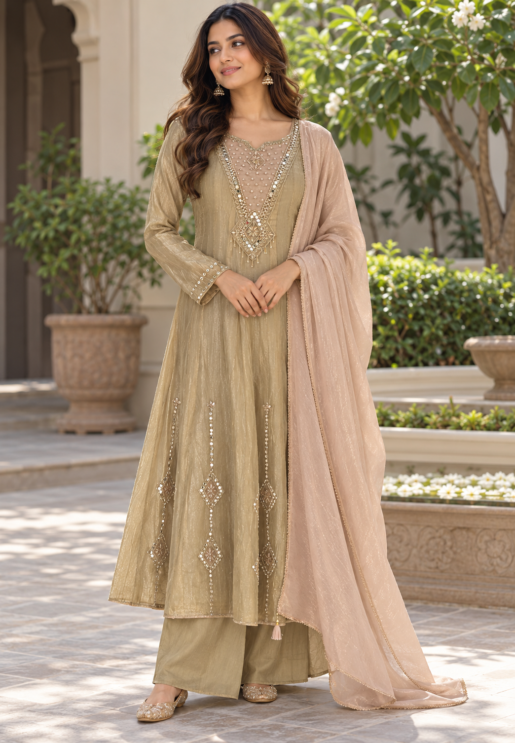 Elegant Olive Gold Crush Tissue Panel Anarkali Mirror Work, Embellished V-Neckline Full Suit Set- 16840