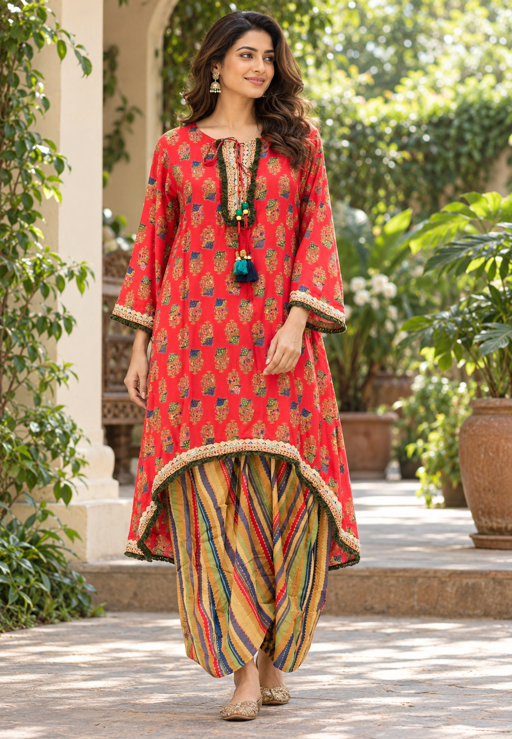 Boho Crimson Indowestern Wear High-Low Printed Kurta With Flared Bottom- 16878