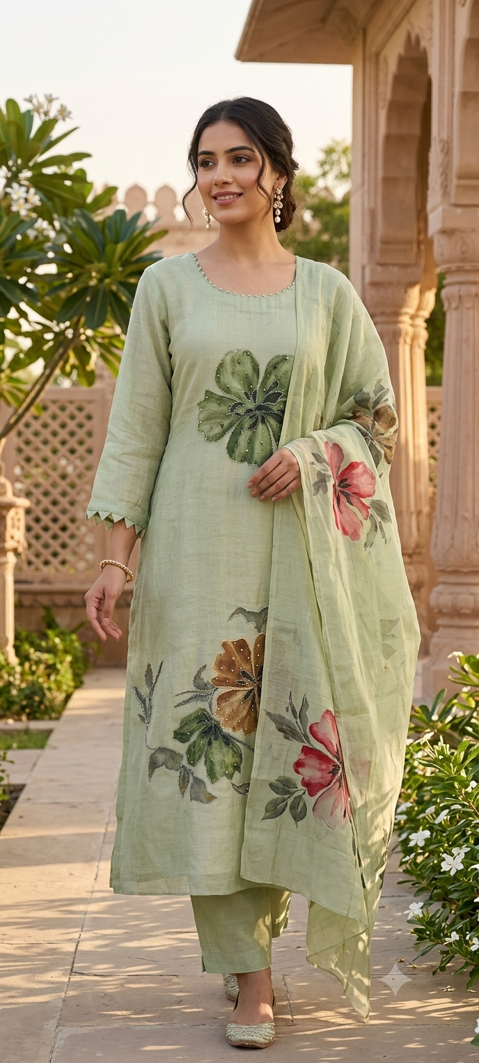 Huge Floral Petal Digital Print Mul Chanderi A-Line Full Suit Set With Dupatta