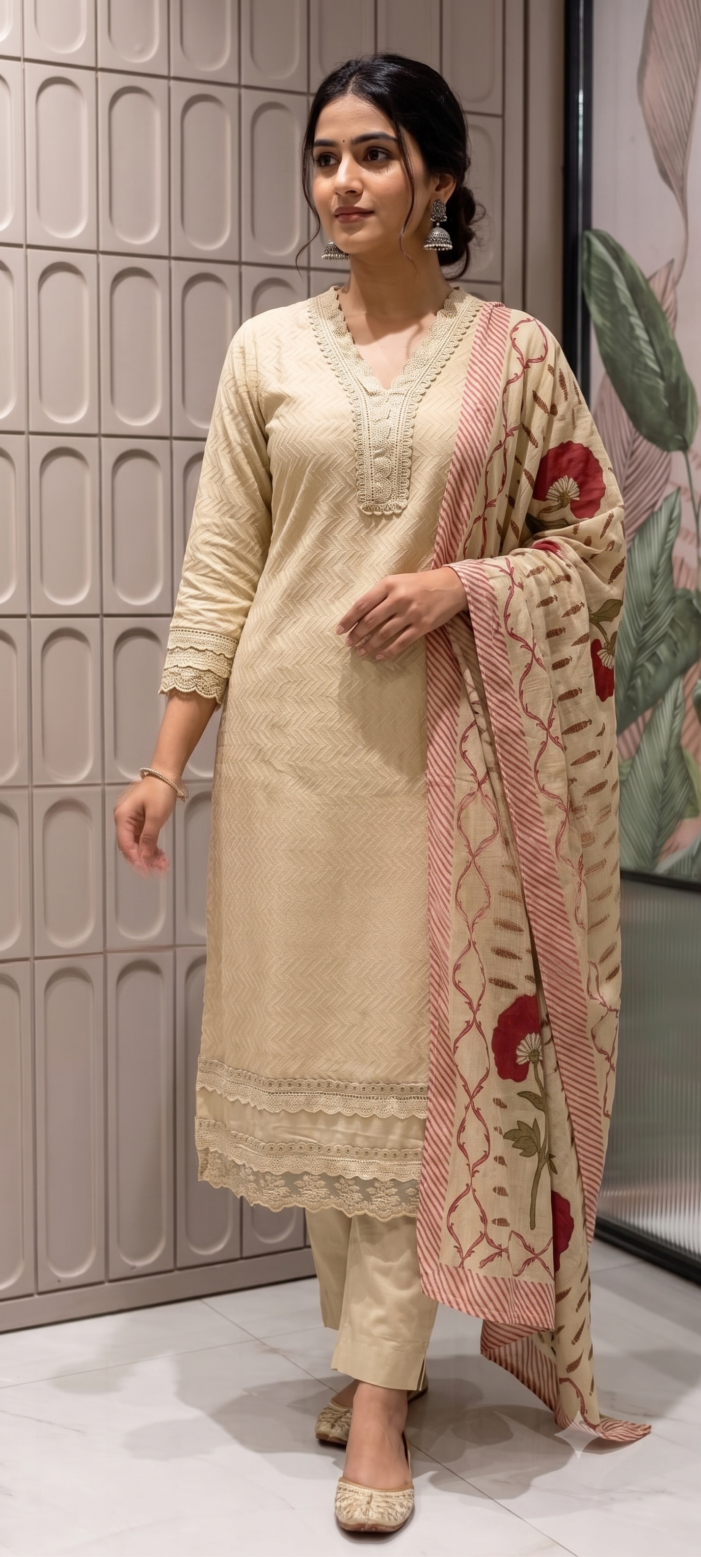 Elegant Straight Graceful Cotton Full Suit Set with Printed Dupatta & Lace Detailing- 14833 RB490