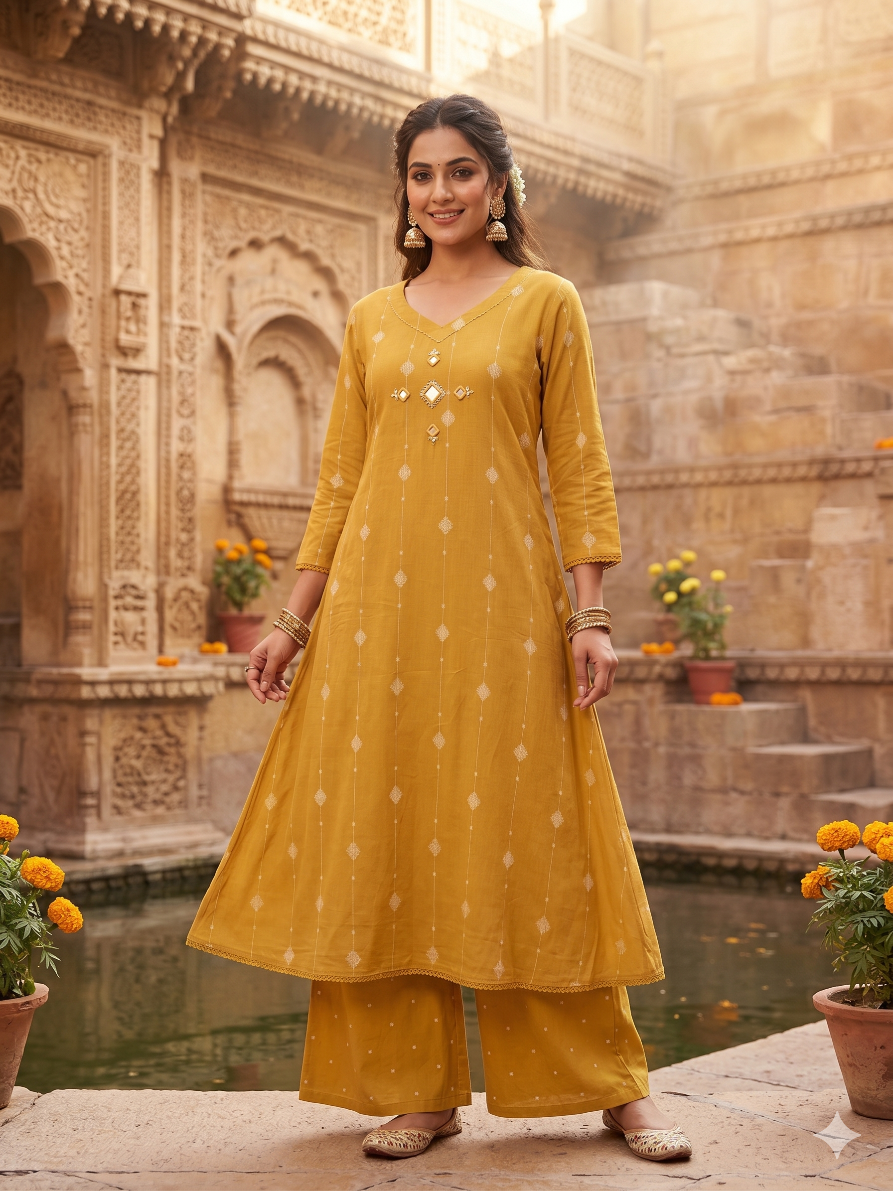 Handloom Cotton A-Line Kurta Pant Set With Real Mirror Work In The Yoke- 13367