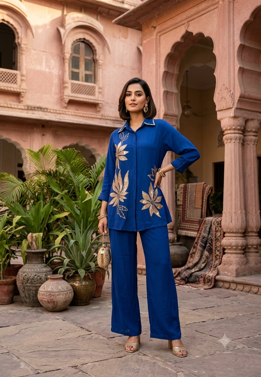 Designer Sequence Leaf Inspired Embroidered Chinon Stylish Co-Ord Set- 16753