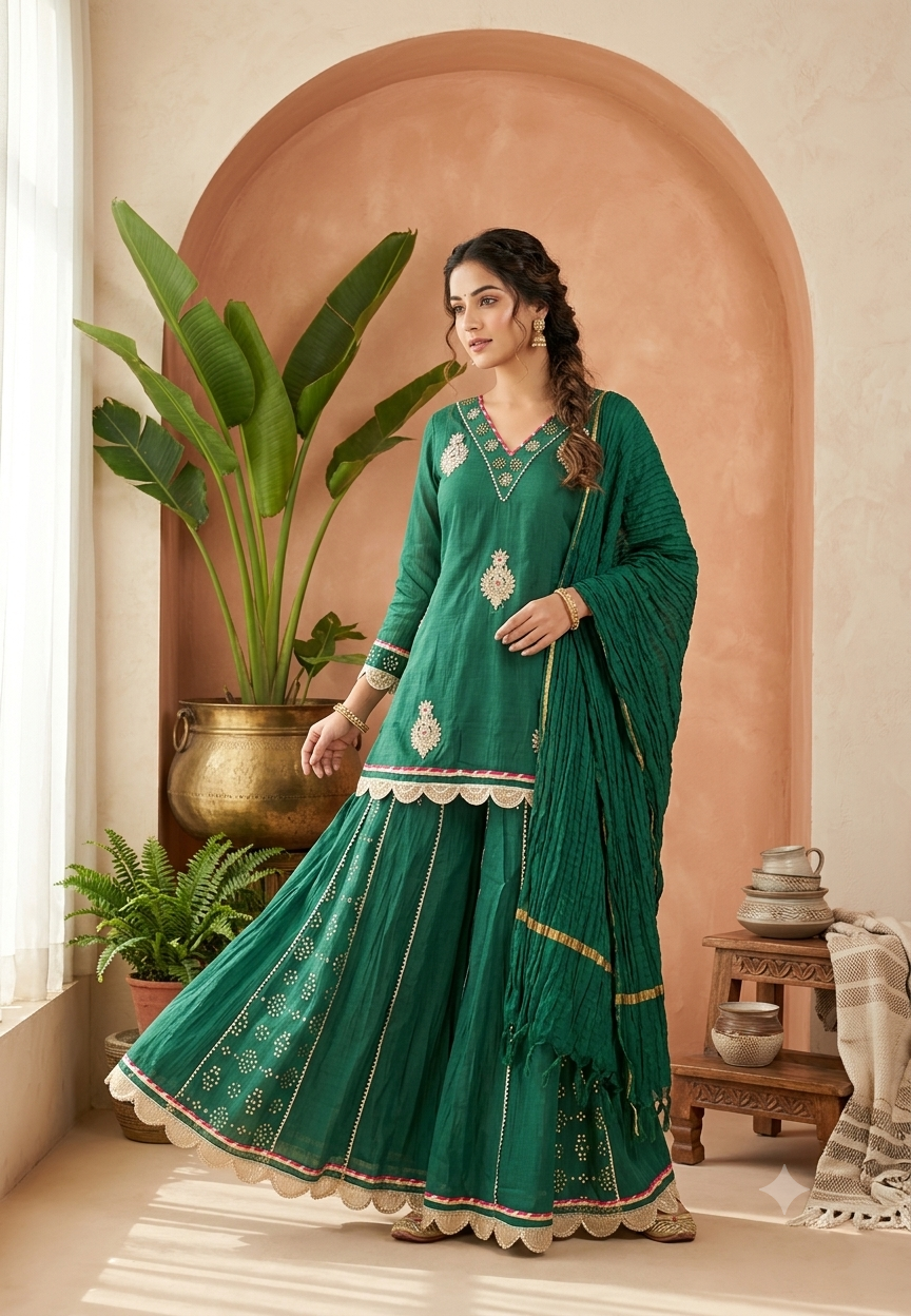 Pure Mul Chanderi Cut-Work Zardosi Embroidered Short Kurta with Flared Kali Panel Palazzo & Dupatta-16590