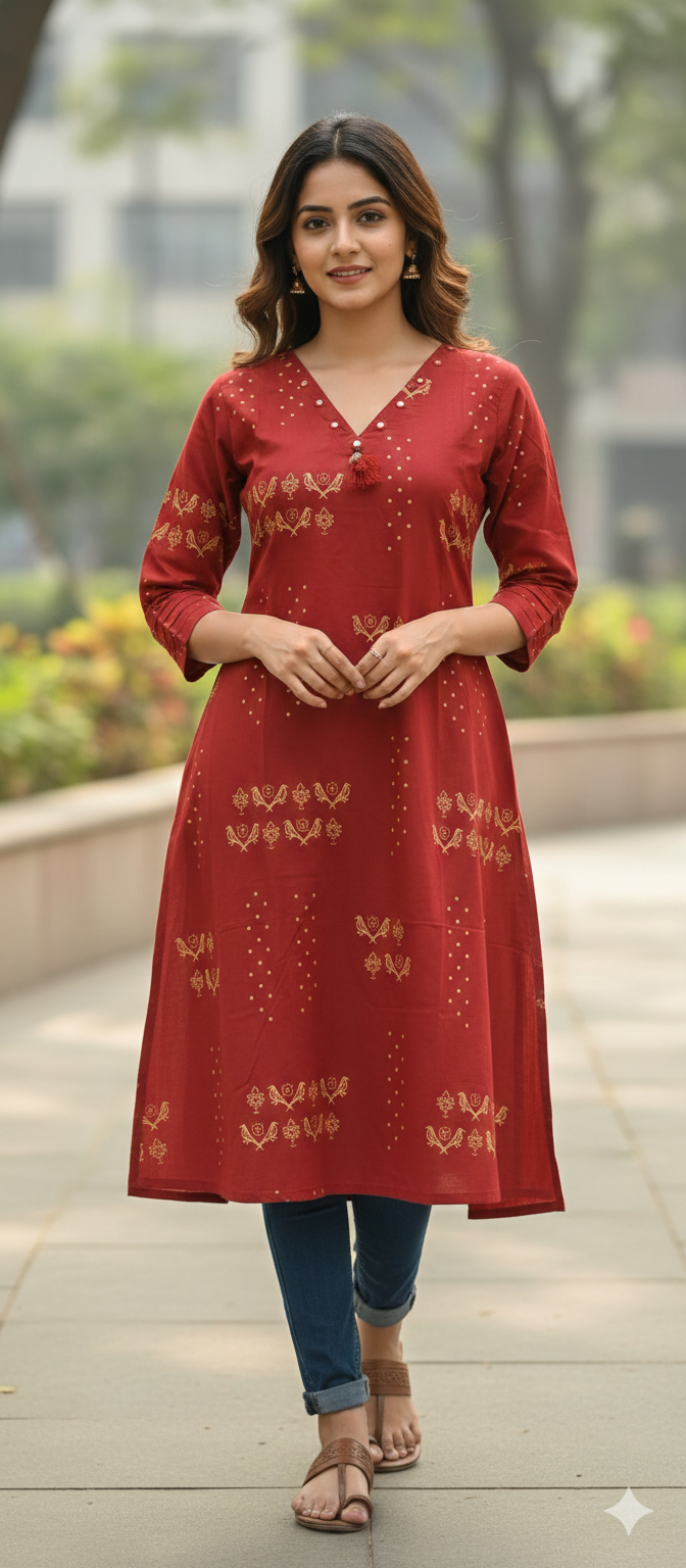 Solid Kurta With Real Mirror Neck Line Tiny Birds & Polka Print In Cotton Fabric- 13519