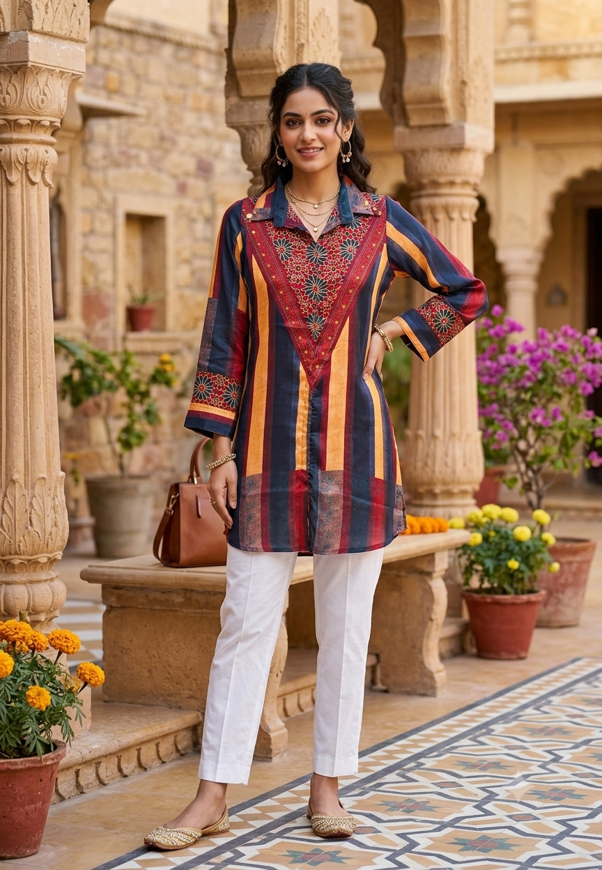 Stunning Striped Multi Block Prints Casual Crepe Shirts- 14923
