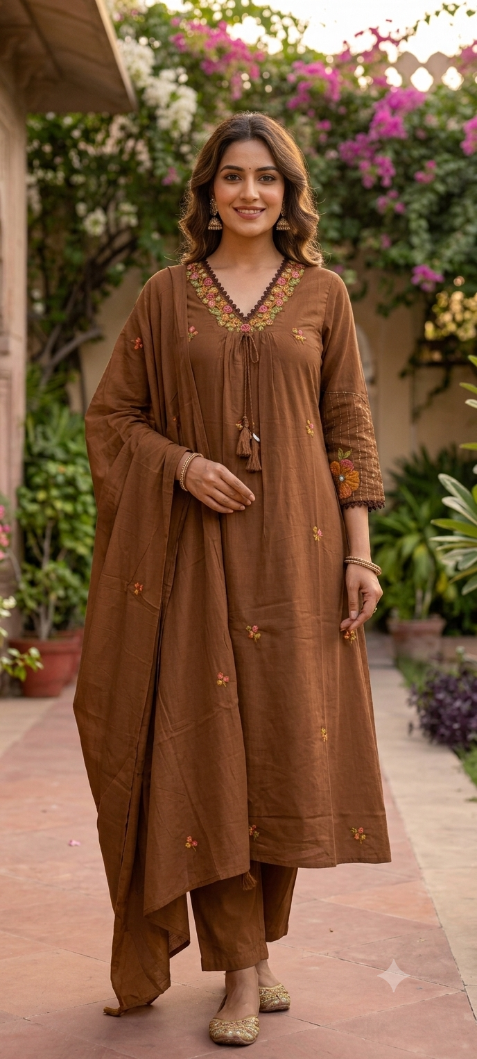 Silly Cotton Intricate Embroidery Over Neckline & Sleeves A-Line Cotton Full Suit Set With Dupatta- -16675