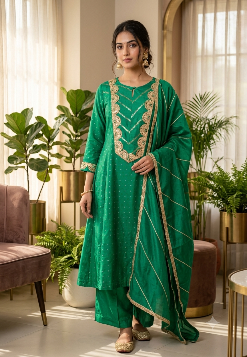 Russian Silk Vibrant Emerald Green Gota Patti Yoke With Bandhani Print Full Suit Set with Dupatta- 16671
