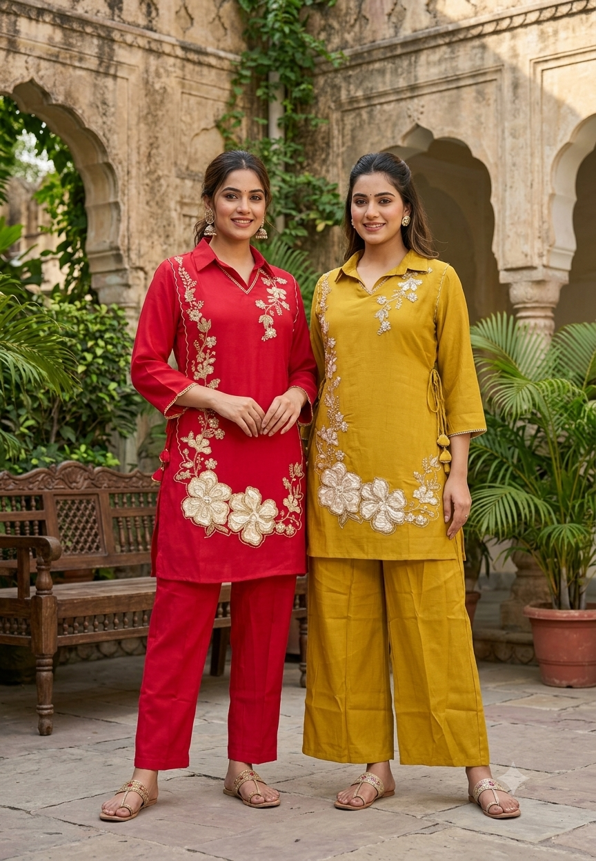 Elegant Embroidery Work Overlay Solid Collared Co-Ord Set In Surat Mul-Chanderi Fabric- 16080