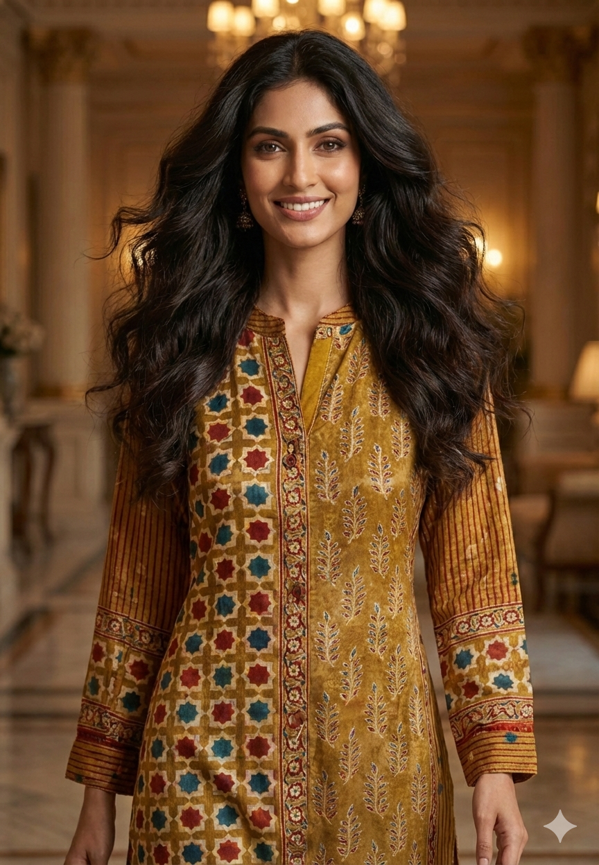 Multi Printed Mandarin Collar Long Straight Kurta With Matching Bottom In Crepe Fabric- 13124